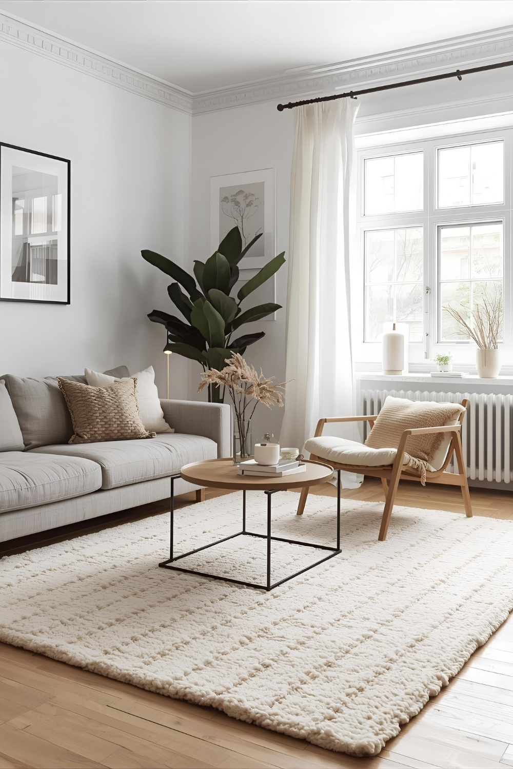 Elegant Scandinavian living room styled with layered textures — wool rug, linen curtains, and oak furniture defining modern Quiet Luxury design.
